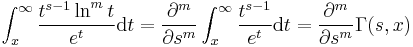  
\int_{x}^{\infty} \frac{t^{s-1} \ln^m t}{e^t} {\rm d}t= \frac{\partial^m}{\partial s^m} \int_{x}^{\infty} \frac{t^{s-1}}{e^t} {\rm d}t= \frac{\partial^m}{\partial s^m} \Gamma (s,x)
