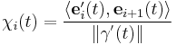 \chi_i(t) = \frac{\langle \mathbf{e}_i'(t), \mathbf{e}_{i%2B1}(t) \rangle}{\| \mathbf{\gamma}^'(t) \|} 