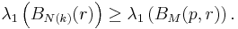 \lambda_1\left(B_{N(k)}(r)\right) \ge \lambda_1\left(B_M(p,r)\right).