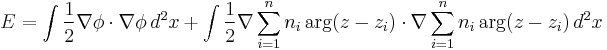 E=\int \frac{1}{2}\nabla\phi\cdot\nabla\phi \, d^2x%2B\int \frac{1}{2}\nabla\sum_{i=1}^n n_i\arg(z-z_i)\cdot\nabla\sum_{i=1}^n n_i\arg(z-z_i) \, d^2x