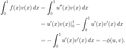 
\begin{align}
 \int_0^1 f(x)v(x) \, dx & = \int_0^1 u''(x)v(x) \, dx \\
 & = u'(x)v(x)|_0^1-\int_0^1 u'(x)v'(x) \, dx \\
 & = -\int_0^1 u'(x)v'(x) \, dx = -\phi (u,v).
\end{align}
