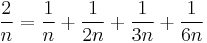  \frac{2}{n} = \frac{1}{n} %2B \frac{1}{2n} %2B \frac{1}{3n} %2B \frac{1}{6n} 