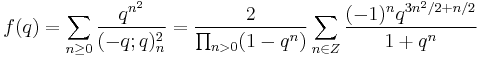 
f(q) = \sum_{n\ge 0} {q^{n^2}\over (-q;q)_n^2}  = {2\over \prod_{n>0}(1-q^n)}\sum_{n\in Z}{(-1)^nq^{3n^2/2%2Bn/2}\over 1%2Bq^n}
