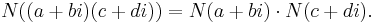 N((a%2Bbi)(c%2Bdi)) = N(a%2Bbi) \cdot N(c%2Bdi). \,