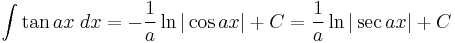 \int\tan ax\;dx = -\frac{1}{a}\ln|\cos ax|%2BC = \frac{1}{a}\ln|\sec ax|%2BC\,\!