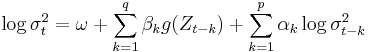 \log\sigma_{t}^2=\omega%2B\sum_{k=1}^{q}\beta_{k}g(Z_{t-k})%2B\sum_{k=1}^{p}\alpha_{k}\log\sigma_{t-k}^{2}