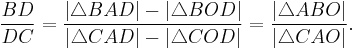 \frac{BD}{DC}=
\frac{|\triangle BAD|-|\triangle BOD|}{|\triangle CAD|-|\triangle COD|}
=\frac{|\triangle ABO|}{|\triangle CAO|}.