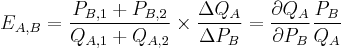 E_{A,B}={P_{B,1} %2B P_{B,2} \over Q_{A,1} %2B Q_{A,2}}\times{\Delta Q_A \over \Delta P_B}=\frac{\partial Q_{A}}{\partial P_{B}}\frac{P_{B}}{Q_{A}}