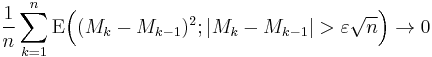  \frac1n \sum_{k=1}^n \mathrm{E} \Big( (M_k-M_{k-1})^2; |M_k-M_{k-1}| > \varepsilon \sqrt n \Big) \to 0 