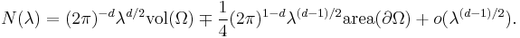 
N(\lambda)= (2\pi)^{-d}\lambda ^{d/2}\mathrm{vol}  (\Omega)\mp \frac{1}{4} (2\pi)^{1-d}\lambda ^{(d-1)/2}\mathrm{area} (\partial \Omega) %2Bo (\lambda ^{(d-1)/2}).
