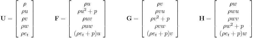  {\bold U} = \left[
\begin{array}{c}
 \rho \\
 \rho u \\
 \rho v \\
 \rho w \\
 \rho e_t \\
\end{array} \right] \qquad \quad
{\bold F} = \left[
\begin{array}{c}
 \rho u\\
 \rho u^2 %2B p \\
 \rho uv \\
 \rho uw \\
 (\rho e_t %2B p)u \\
\end{array} \right] \qquad \quad
{\bold G} = \left[
\begin{array}{c}
 \rho v\\
 \rho vu \\
 \rho v^2 %2B p \\
 \rho vw \\
 (\rho e_t %2B p)v \\
\end{array} \right] \qquad \quad
{\bold H} = \left[
\begin{array}{c}
 \rho w\\
 \rho wu \\
 \rho wv \\
 \rho w^2 %2B p \\
 (\rho e_t %2B p)w \\
\end{array} \right] \qquad \qquad
