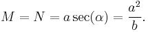 M=N=a\sec(\alpha)=\frac{a^2}{b}.\,\!