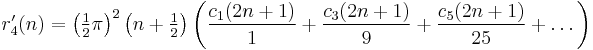 
r'_4(n)=
\left(\tfrac12\pi\right)^2\left(n%2B\tfrac12\right)
\left(
\frac{c_1(2n%2B1)}{1}%2B
\frac{c_3(2n%2B1)}{9}%2B
\frac{c_5(2n%2B1)}{25}%2B
\dots
\right)
