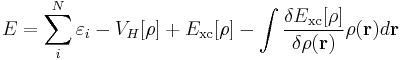 E = \sum_{i}^N \varepsilon_i - V_{H}[\rho] %2B E_{\rm xc}[\rho] - \int {\delta E_{\rm xc}[\rho]\over\delta\rho(\mathbf r)} \rho(\mathbf{r}) d\mathbf{r}