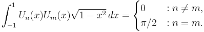 \int_{-1}^1 U_n(x)U_m(x)\sqrt{1-x^2}\,dx =
\begin{cases}
0 &: n\ne m, \\
\pi/2 &: n=m.
\end{cases}
