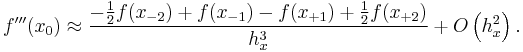 \displaystyle f'''(x_{0}) \approx \displaystyle \frac{-\frac{1}{2}f(x_{-2}) %2B f(x_{-1}) -f(x_{%2B1}) %2B\frac{1}{2}f(x_{%2B2})}{h^3_x} %2B O\left(h_x^2  \right). 