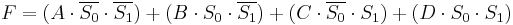 F = (A \cdot \overline{S_0} \cdot \overline{S_1}) %2B (B \cdot S_0 \cdot \overline {S_1}) %2B (C \cdot \overline{S_0} \cdot S_1 ) %2B (D \cdot S_0 \cdot S_1)