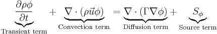  \underbrace{ \frac{\partial{\rho \phi}}{\partial t}}_{\text{Transient term}} %2B \underbrace{ \nabla \cdot (\rho \vec u \phi )}_{\text{Convection  term}} =\underbrace {\nabla \cdot (\Gamma \nabla \phi )}_{\text{Diffusion term}} %2B \underbrace {S_{\phi}}_{\text{Source  term}}