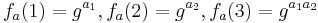  f_{a}(1) = g^{a_{1}}, f_{a}(2) = g^{a_{2}}, f_{a}(3) = g^{a_{1}a_{2}}