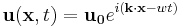  \mathbf{u}(\mathbf{x},t) = \mathbf{u_{0}}e^{i(\mathbf{k} \cdot \mathbf{x} - wt)} 