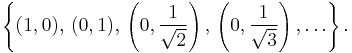 \left\{ (1,0) , \, (0,1), \, \left(0,\frac{1}{\sqrt{2}}\right) , \, \left(0,\frac{1}{\sqrt{3}}\right), \ldots \right\}.