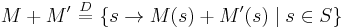 M %2B M' \ \stackrel{D}{=}\  \{ s \to M(s) %2B M'(s) \mid s \in S \}