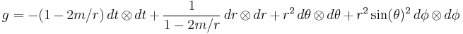 g = -(1-2m/r) \, dt \otimes dt %2B \frac{1}{1-2m/r} \, dr \otimes dr %2B r^2 \, d\theta \otimes d\theta %2B r^2 \sin(\theta)^2 \, d\phi \otimes d\phi