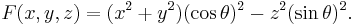 F(x,y,z) = (x^2 %2B y^2)(\cos\theta)^2 - z^2 (\sin \theta)^2.\,