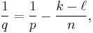 \frac{1}{q} = \frac{1}{p}-\frac{k-\ell}{n},