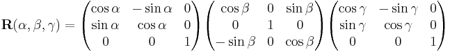 
\mathbf{R}(\alpha,\beta,\gamma)=
\begin{pmatrix}
\cos\alpha & -\sin\alpha & 0 \\
\sin\alpha & \cos\alpha  & 0 \\
    0      &      0      & 1
\end{pmatrix}
\begin{pmatrix}
\cos\beta  &   0  & \sin\beta  \\
     0     &   1  &        0 \\  
-\sin\beta &   0  & \cos\beta  \\
 \end{pmatrix}
\begin{pmatrix}
\cos\gamma & -\sin\gamma & 0 \\
\sin\gamma & \cos\gamma  & 0 \\
    0      &      0      & 1
\end{pmatrix}
