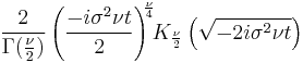 \frac{2}{\Gamma(\frac{\nu}{2})}\left(\frac{-i\sigma^2\nu t}{2}\right)^{\!\!\frac{\nu}{4}}\!\!K_{\frac{\nu}{2}}\left(\sqrt{-2i\sigma^2\nu t}\right)