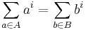 \sum_{a\in A} a^i = \sum_{b\in B} b^i