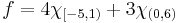 f = 4 \chi_{[-5, 1)} %2B 3 \chi_{(0, 6)}\,