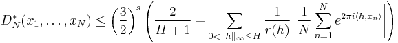 
D_{N}^{*}(x_1,\ldots,x_N)\leq
\left(\frac{3}{2}\right)^s
\left(
\frac{2}{H%2B1}%2B
\sum_{0<\|h\|_{\infty}\leq H}\frac{1}{r(h)}
\left|
\frac{1}{N}
\sum_{n=1}^{N} e^{2\pi i\langle h,x_n\rangle}
\right|
\right)
