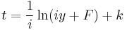 t = \frac{1}{i}\ln(iy %2B F) %2B k