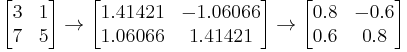 \begin{bmatrix}3 & 1\\7 & 5\end{bmatrix}
\rightarrow
\begin{bmatrix}1.41421 & -1.06066\\1.06066 & 1.41421\end{bmatrix}
\rightarrow
\begin{bmatrix}0.8 & -0.6\\0.6 & 0.8\end{bmatrix}