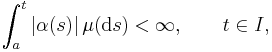 \int_a^t|\alpha(s)|\,\mu(\mathrm{d}s)<\infty,\qquad t\in I,