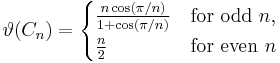  \vartheta(C_n) =
\begin{cases}
  \frac{n \cos(\pi/n)}{1 %2B \cos(\pi/n)} & \text{for odd }  n, \\
  \frac{n}{2}                           & \text{for even } n
\end{cases}
