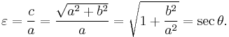 
\varepsilon = \frac{c}{a} = \frac{\sqrt{a^{2} %2B b^{2}}}{a} = \sqrt{1 %2B \frac{b^{2}}{a^{2}}} = \sec \theta .
