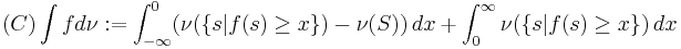 
(C)\int f d\nu�:=
\int_{-\infty}^0
(\nu (\{s | f (s) \geq x\})-\nu(S))\, dx
%2B
\int^\infty_0
\nu (\{s | f (s) \geq x\})\, dx
