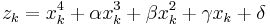 z_k = x^4_k %2B \alpha x^3_k %2B \beta x^2_k %2B \gamma x_k %2B \delta\,