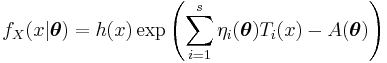  f_X(x|\boldsymbol \theta) = h(x) \exp\left(\sum_{i=1}^s \eta_i({\boldsymbol \theta}) T_i(x) - A({\boldsymbol \theta}) \right) \,\!