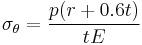 \sigma_\theta = \frac{p(r %2B 0.6t)}{tE}