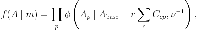  f(A \mid m) = \prod_p \phi \left(A_p \mid A_\text{base} %2B r\sum_c C_{cp}, \nu^{-1}  \right) ,