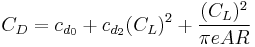 C_D = c_{d_0} %2B c_{d_2} (C_L)^2  %2B \frac{(C_L)^2}{\pi e AR}