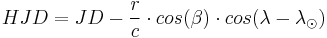 HJD = JD - \frac{r}{c} \cdot cos(\beta) \cdot cos(\lambda - \lambda_{\odot})