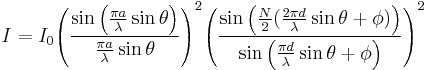 I = I_0{{\left(\frac{\sin \left(\frac{\pi  a}{\lambda }\sin\theta\right)}{\frac{{\pi a}}{\lambda } \sin \theta
}\right)}^2}{{\left(\frac{\sin \left(\frac{N}{2}(\frac{2\pi d}{\lambda} \sin\theta%2B\phi )\right)}{\sin \left(\frac{{\pi d}}{\lambda
} \sin\theta%2B\phi \right)}\right)}^2}  
