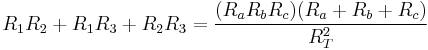 R_1R_2 %2B R_1R_3 %2B R_2R_3 = \frac{(R_aR_bR_c)(R_a%2BR_b%2BR_c)}{R_T^2}