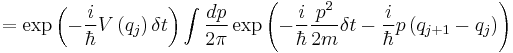 
 =
\exp\left( {- {i \over \hbar } V \left( q_j \right) \delta t} \right)
 \int { dp \over 2\pi } \exp\left( {- {i \over \hbar } { { p}^2 \over 2m} \delta t} -{i\over \hbar} p \left( q_{j%2B1} - q_{j} \right) \right)