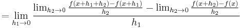  = \lim_{h_1 \to 0} \frac{\lim_{h_2 \to 0} \frac{f(x%2Bh_1%2Bh_2)-f(x%2Bh_1)}{h_2}-\lim_{h_2 \to 0} \frac{f(x%2Bh_2)-f(x)}{h_2}}{h_1}